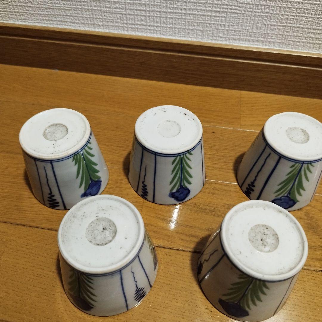 明治ごろ　草花文の蕎麦猪口　5客セット！　手書き絵付け