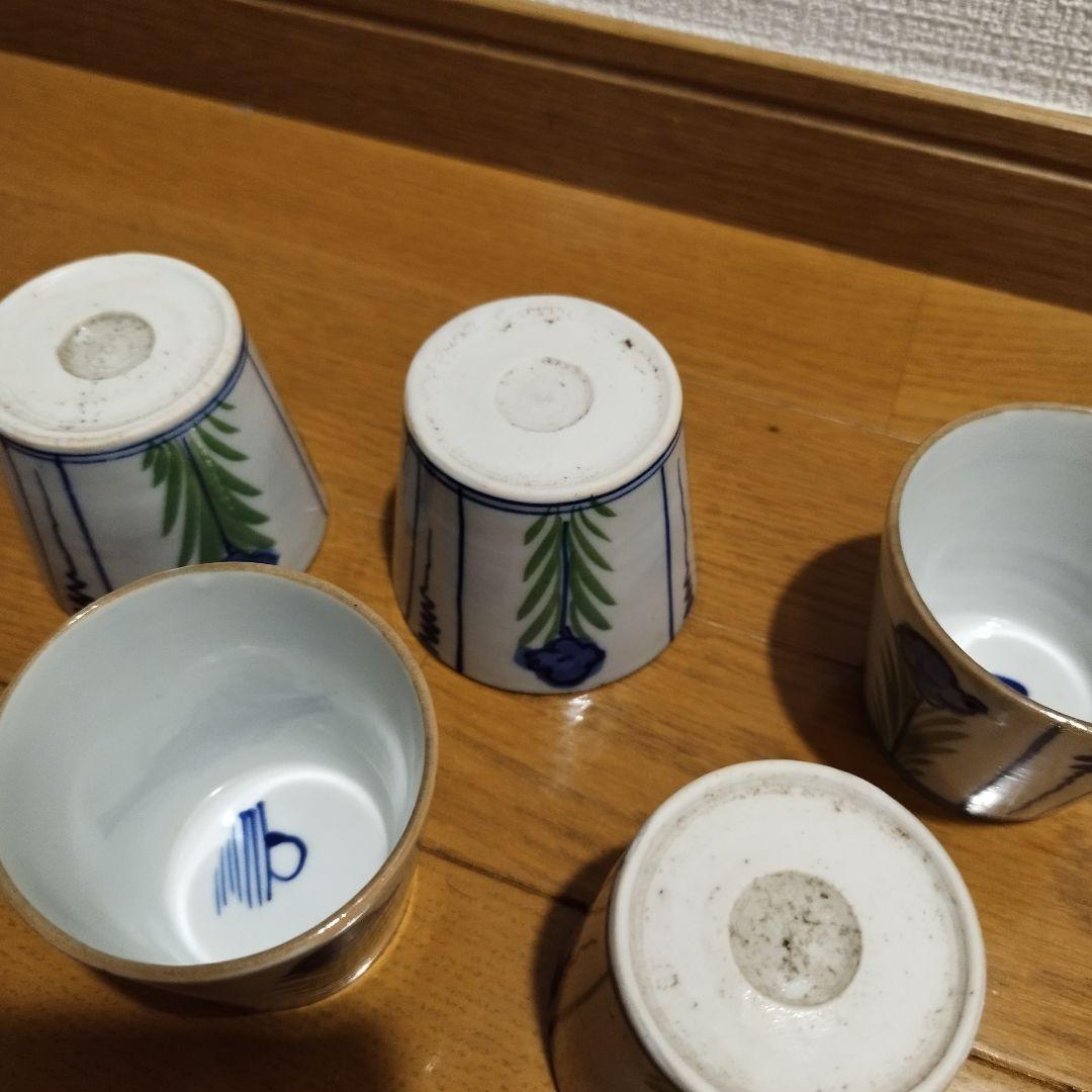 明治ごろ　草花文の蕎麦猪口　5客セット！　手書き絵付け