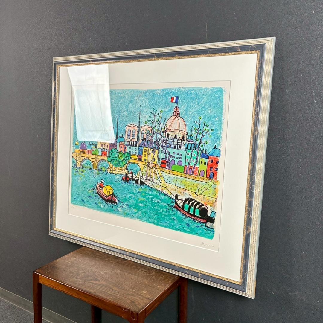 美品 ポール・アイズピリ「ポンヌフ」リトグラフ 直筆サイン入 額縁入