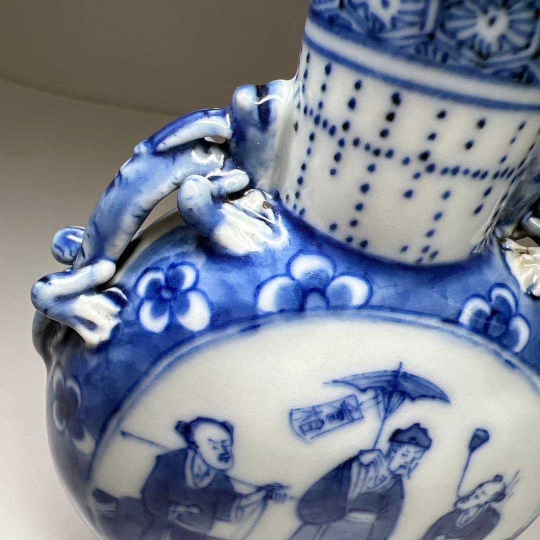 中国清時代　康熙年製　青花龍耳花入　木箱付　高約13.5㎝東Y7-1226☆2F