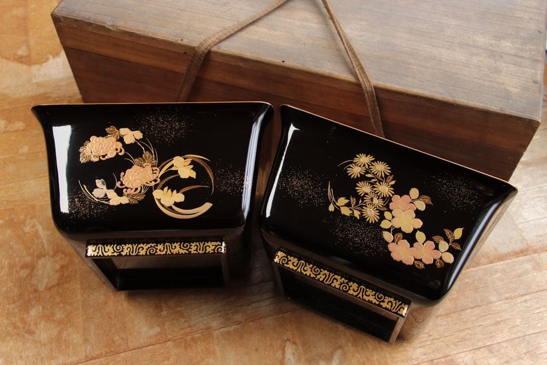 珍品　桃太郎蒔絵　盃洗　杯洗　一対　木箱　金蒔絵　木製漆器　時代物