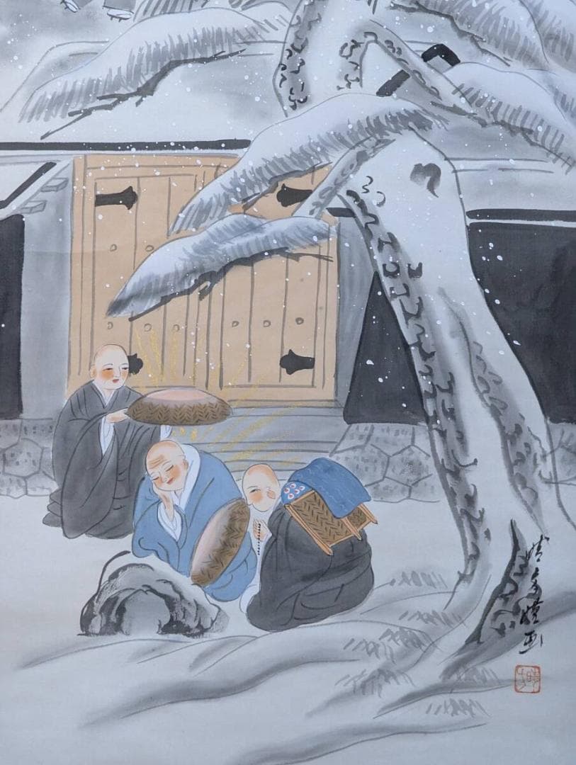 【真作】掛軸　親鸞聖人石枕図　塔多曽画　雪の峠に佇む信仰の一幅　S122