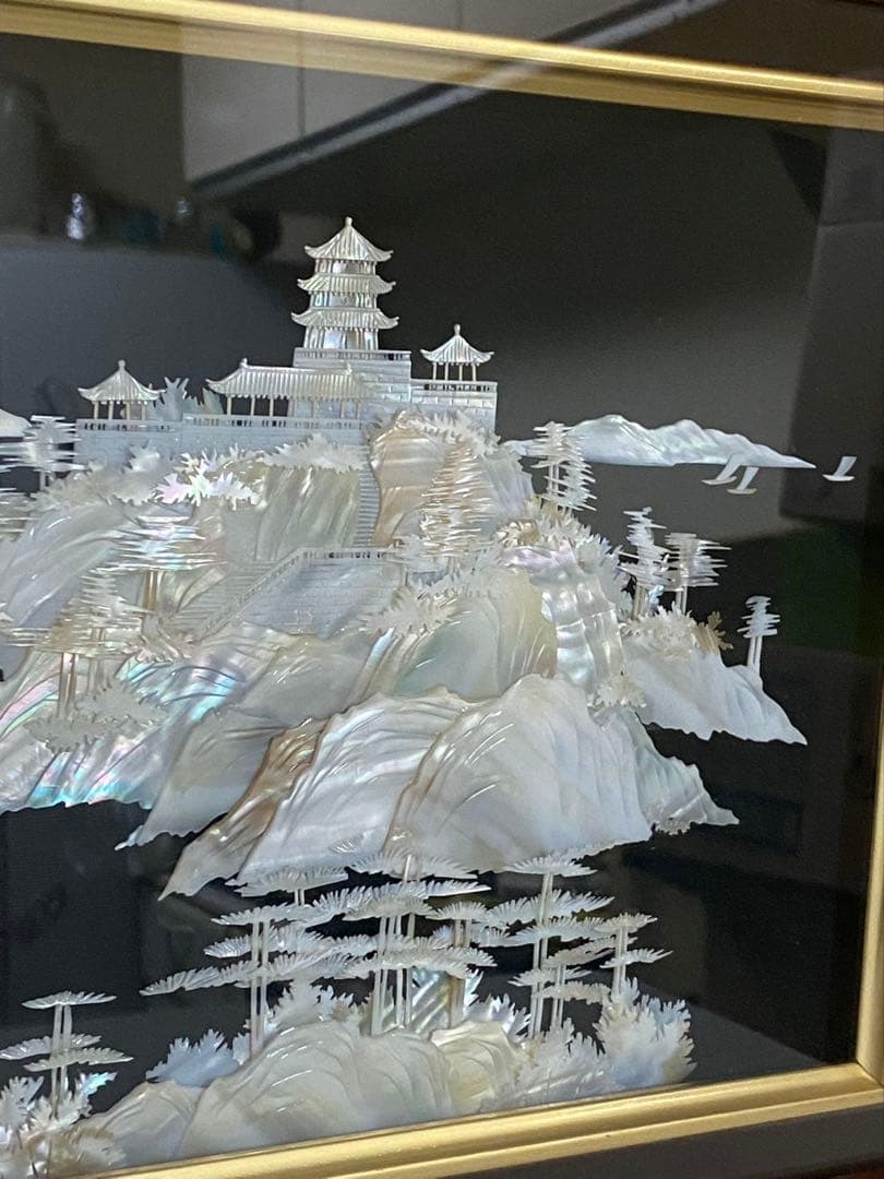 細密螺鈿貝細工風景 時代物古玩額装 伝統工芸品 中国美術品時代物