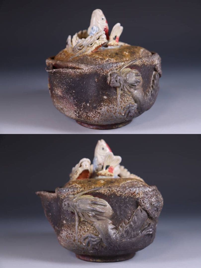 備前焼森脇弘行四角手造鯉龍宝瓶2白龍張煎茶道具備前急須陶器