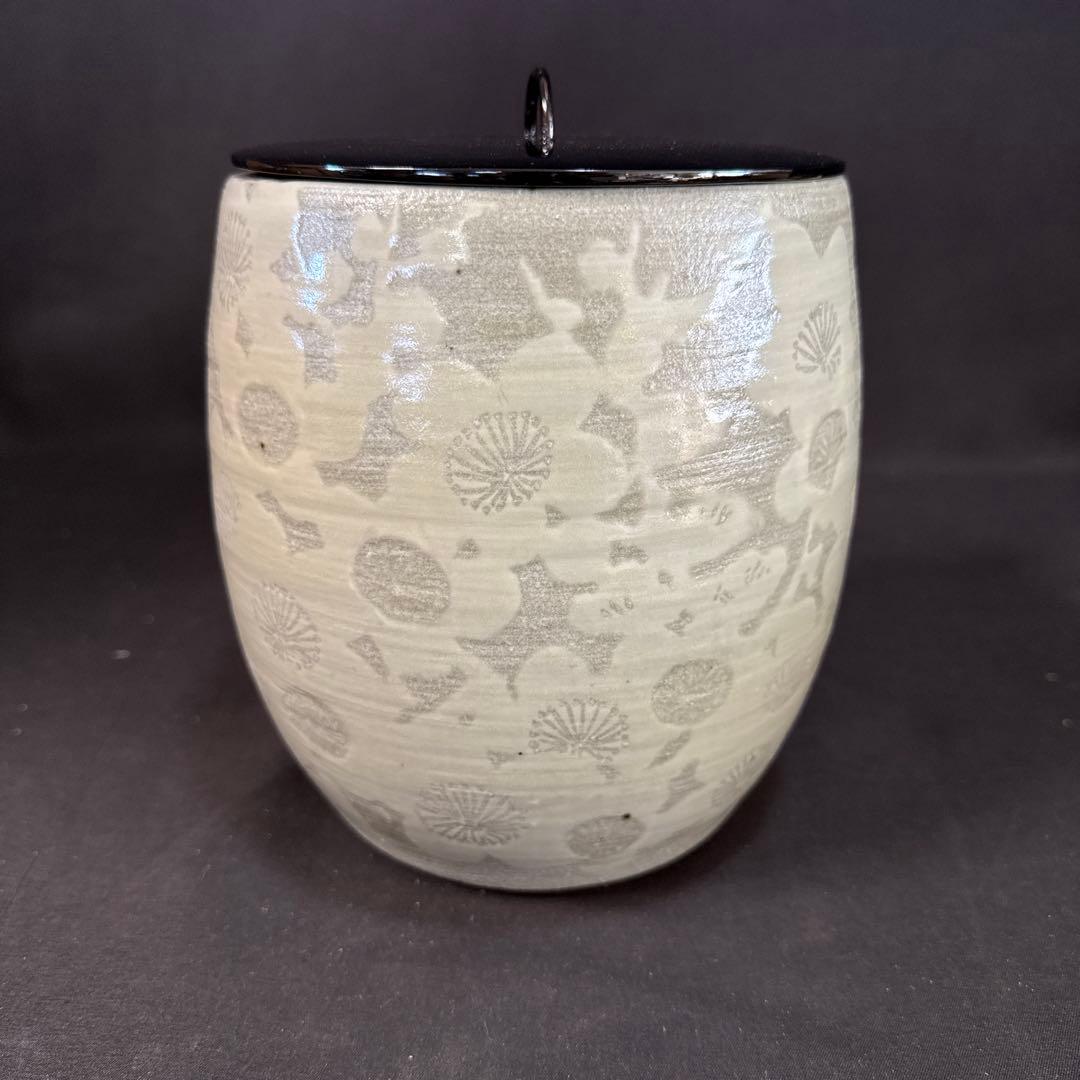 H57 送料無料 水指 青磁鼠釉 梅絵 知部真千 茶道 茶道具