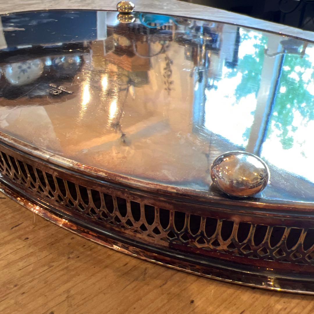 英国ヴィンテージ銀メッキ 楕円形トレー 彫刻模様 銀 トレー