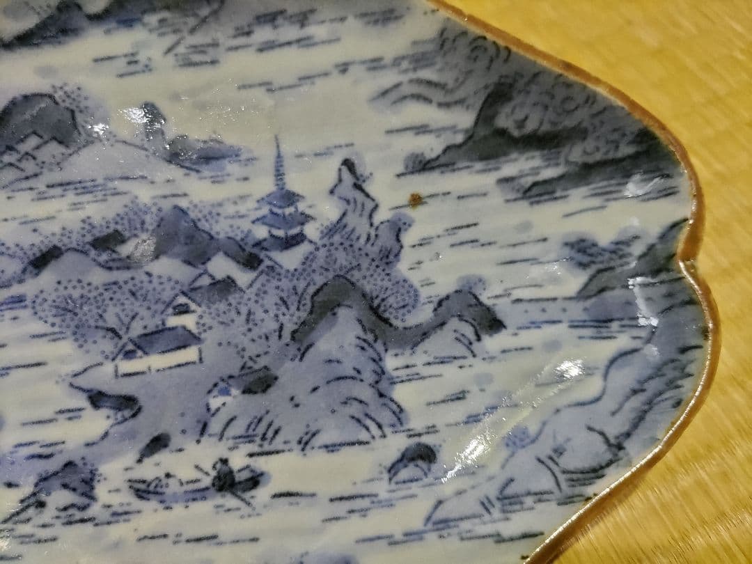 古伊万里　型紙摺　印判　入隅　菱形　皿（21×17cm）二重角福　藍柿