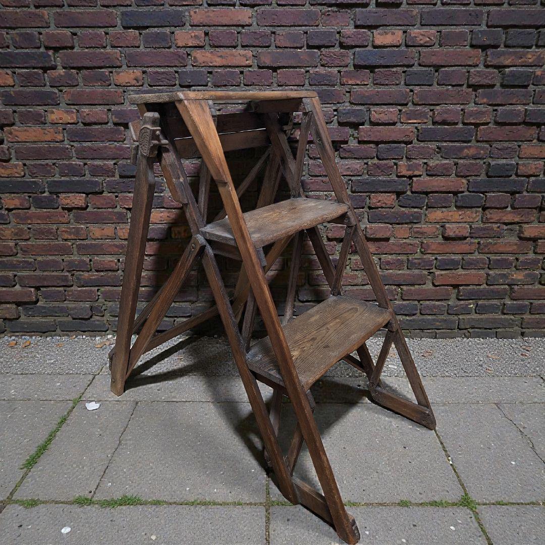 1値引 イギリスアンティーク 折りたたみ 木製3段 ステップラダー 脚立