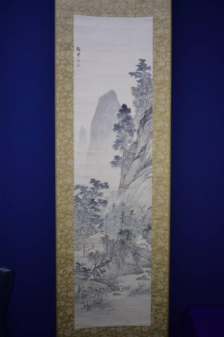 真作/神木鴎津/緑陰孤亭図/山水東屋図/絹表装/布袋屋掛軸HH-959