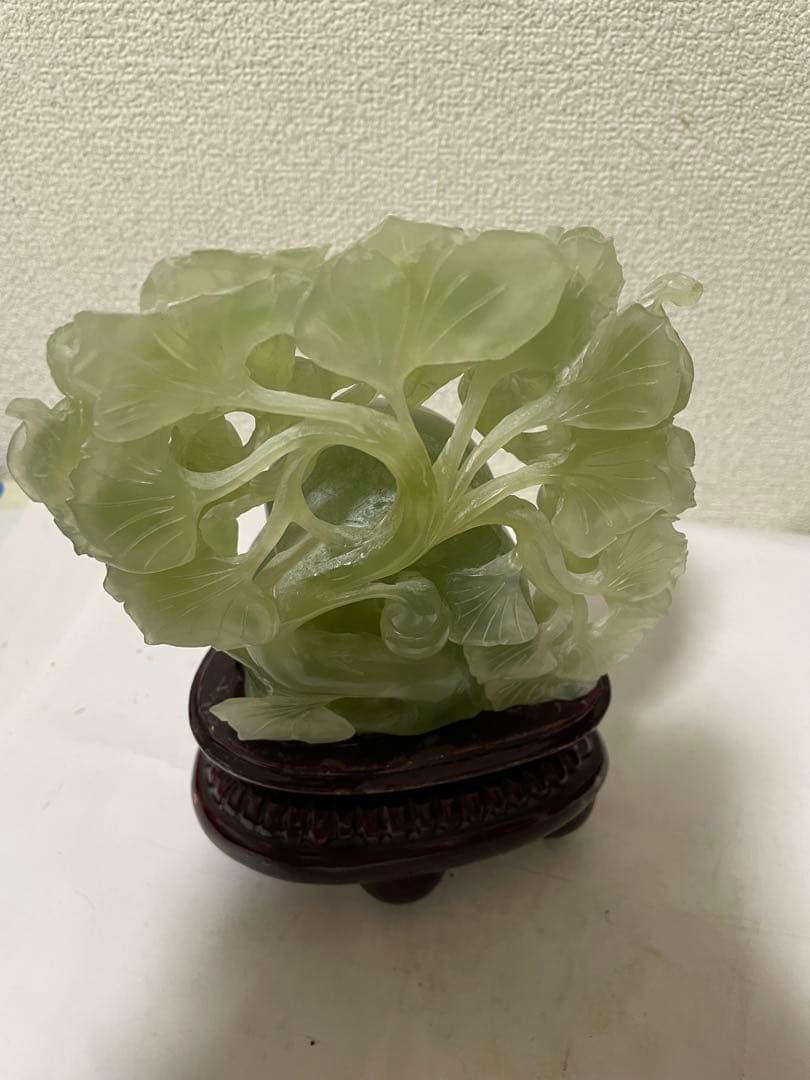 天然石 綠石彫刻瓢箪 置物彫刻 木製台座付き