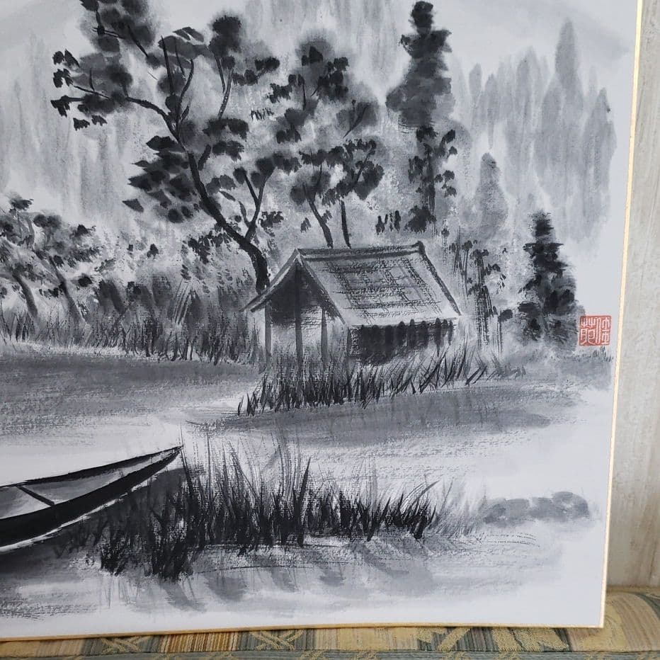 水墨画　水辺風景