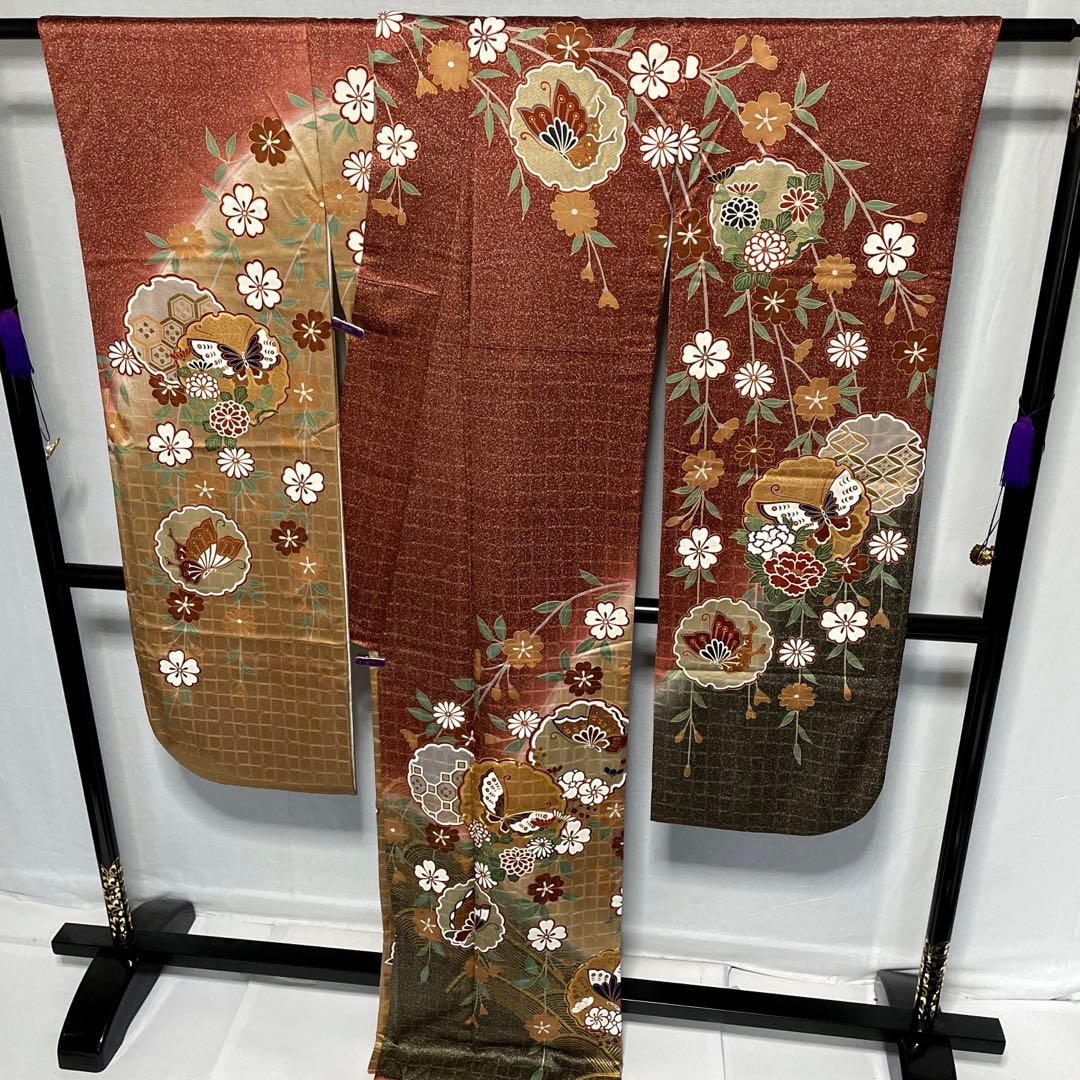 D965 振袖金駒刺繍蝶枝垂れ桜正絹着物袷美品