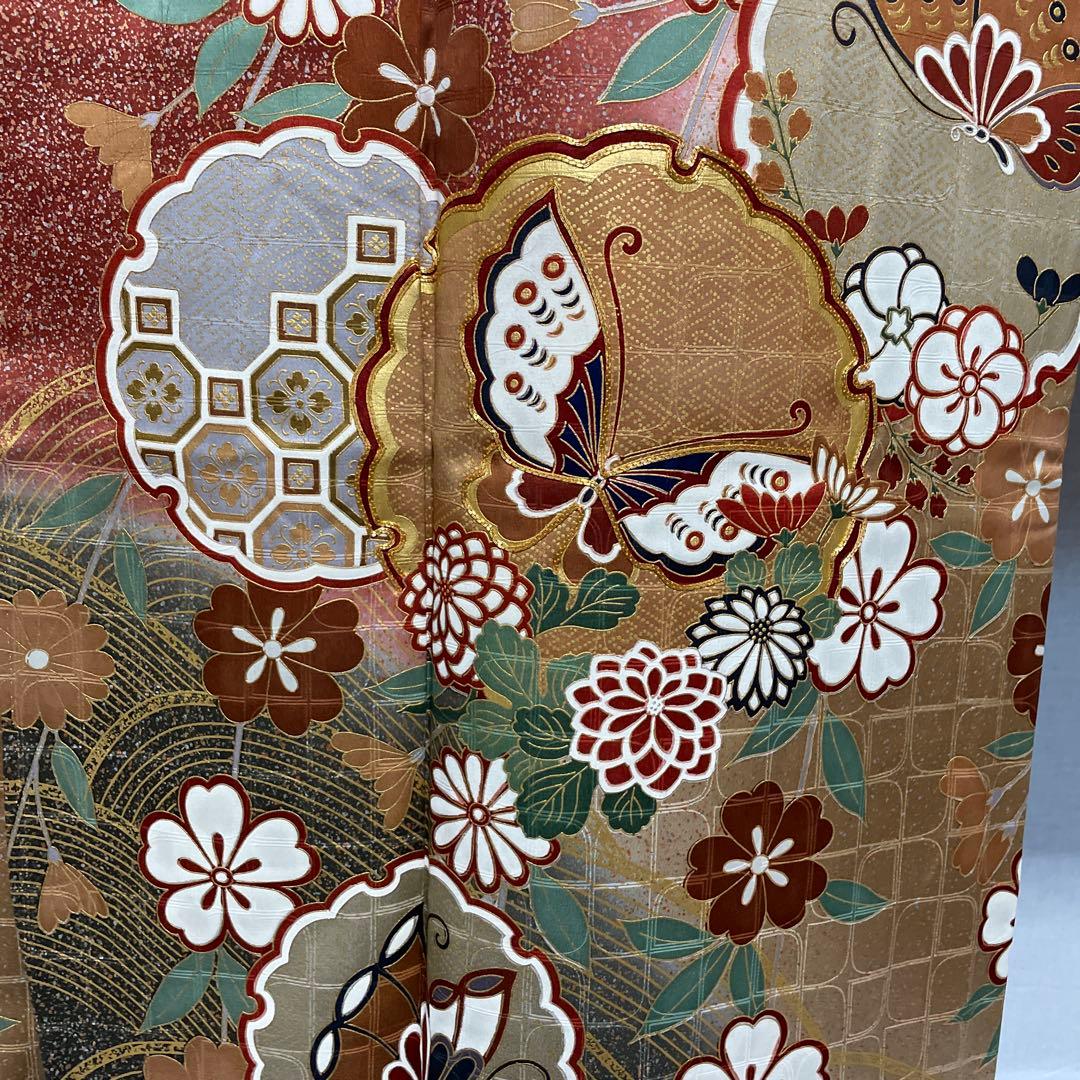 D965 振袖金駒刺繍蝶枝垂れ桜正絹着物袷美品