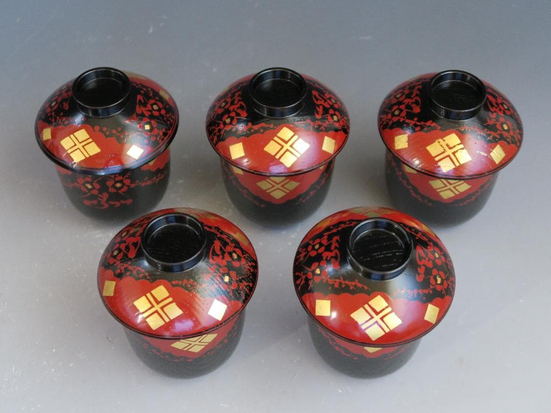 【輪島塗】小吸物椀 秀衡紋様 箸洗 濱田屋謹製 天然木 五客揃 共箱