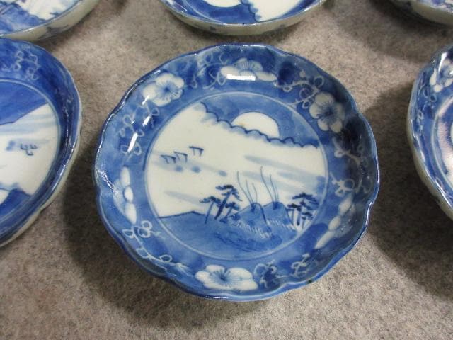 伊万里焼染付海辺風景図豆皿9枚 [B24940]