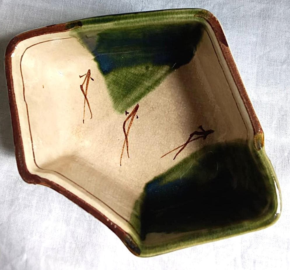 最終 大幅値下げ！昭和初期 織部焼 松景作/刻印 向付け5客｜松葉絵」緑