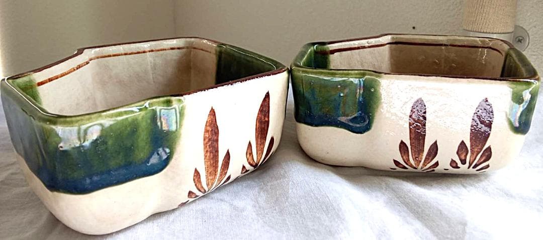 最終 大幅値下げ！昭和初期 織部焼 松景作/刻印 向付け5客｜松葉絵」緑