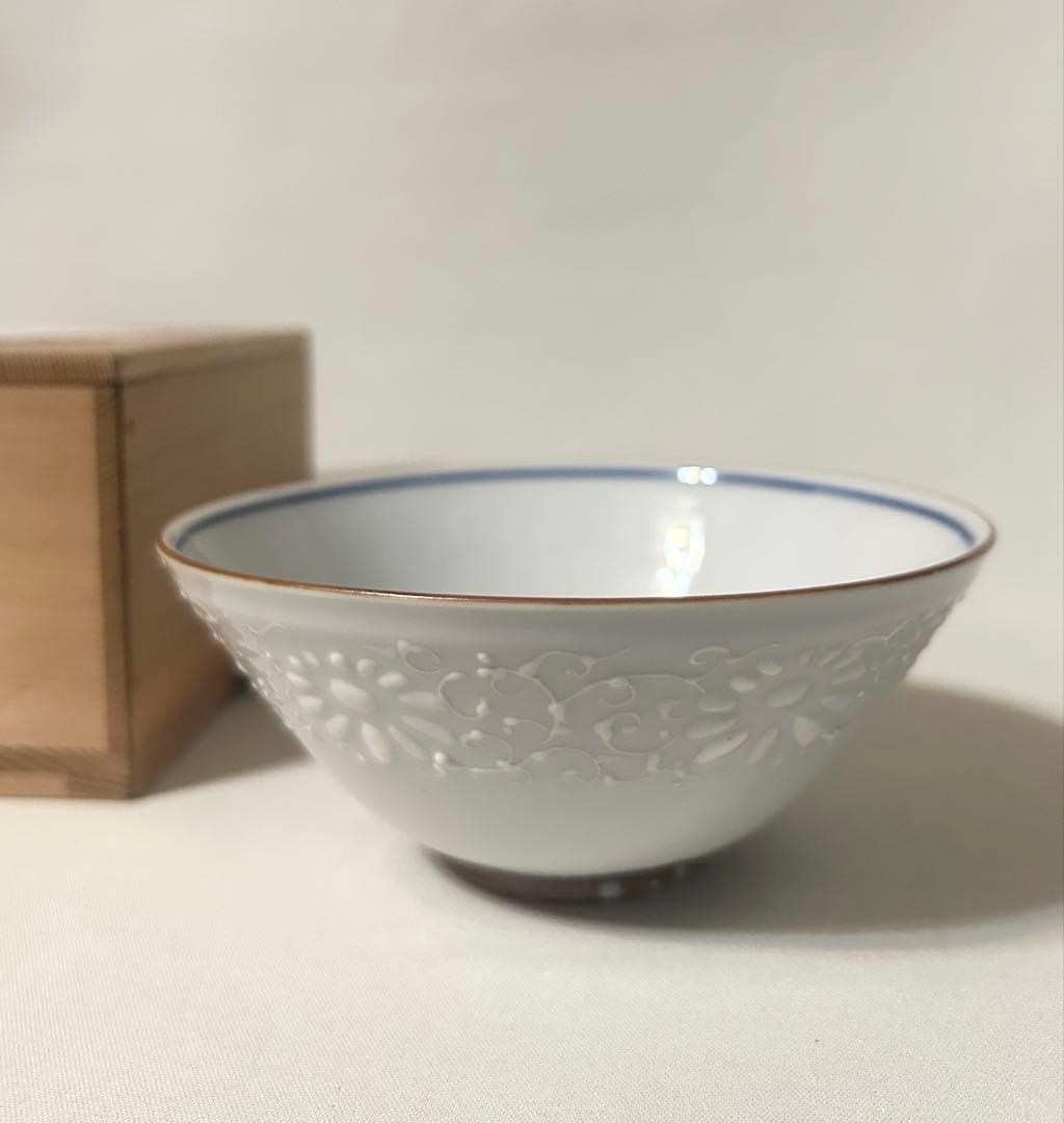 河本礫亭 白磁唐草文 茶碗 共箱 白盛 唐草 茶道具 礫亭 河本