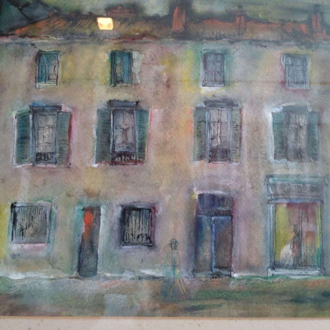 名画 絵画 松岡眞サイン付 「鎧戸のある建物 」