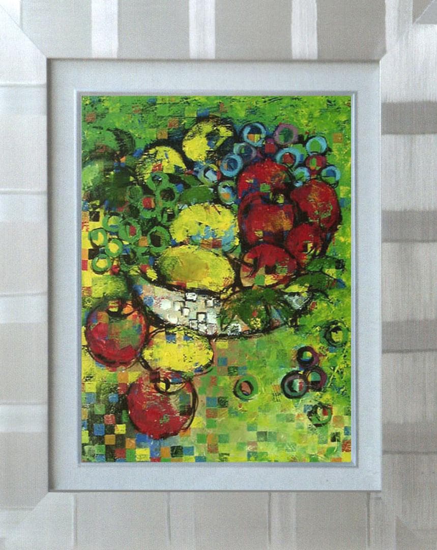 油絵 菅家令子 絵 絵画インテリア額付(青緑＋金色の枠)uF6-060103果物