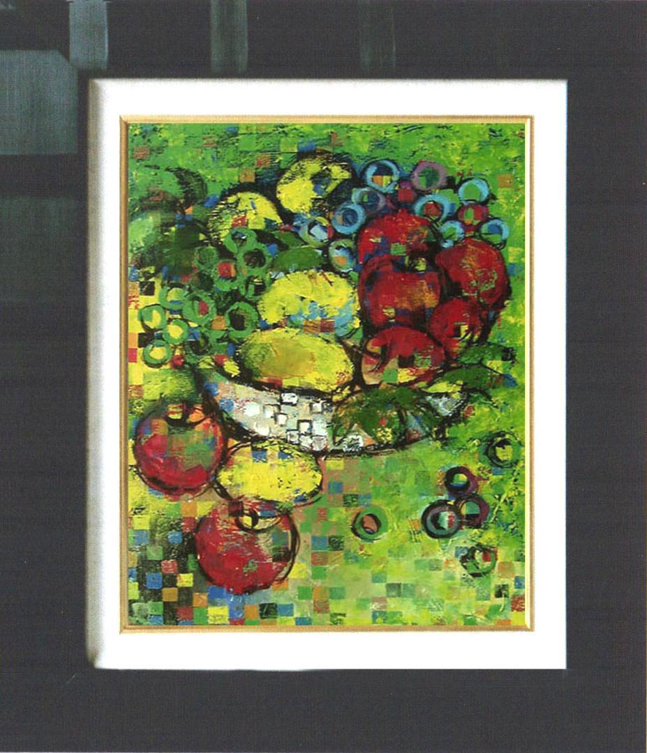 油絵 菅家令子 絵 絵画インテリア額付(青緑＋金色の枠)uF6-060103果物