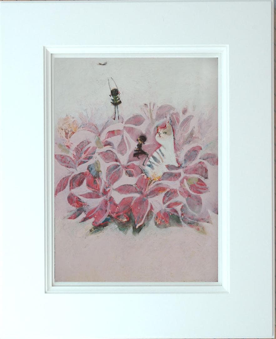 油絵菅家令子絵 絵画インテリア額付(青緑＋金色の枠)uF6-070519猫女の子