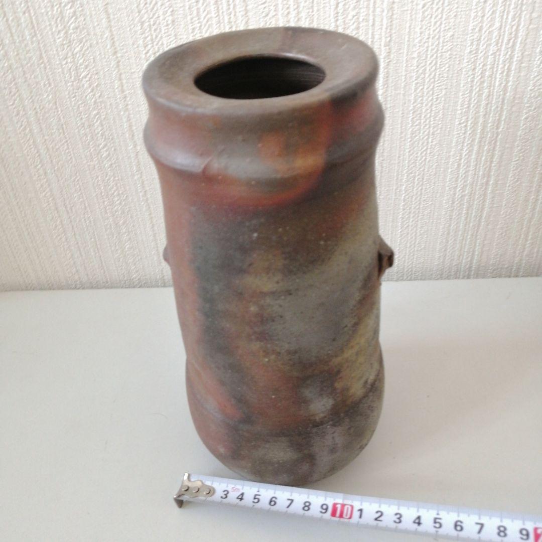 備前焼 銘あり 円筒形 陶器 約24cm