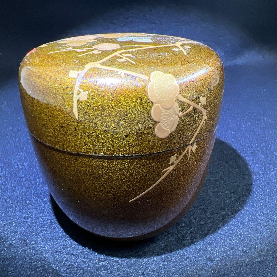 輪島塗 山下春甫造 梨地四君子蒔絵中棗 共箱 高さ約7