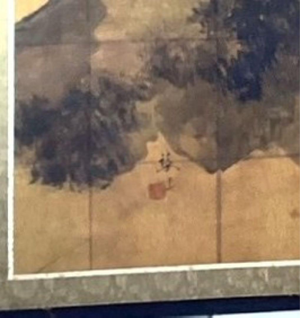 四つ折り屏風　日本画　金箔彩色　『雪見楼閣』