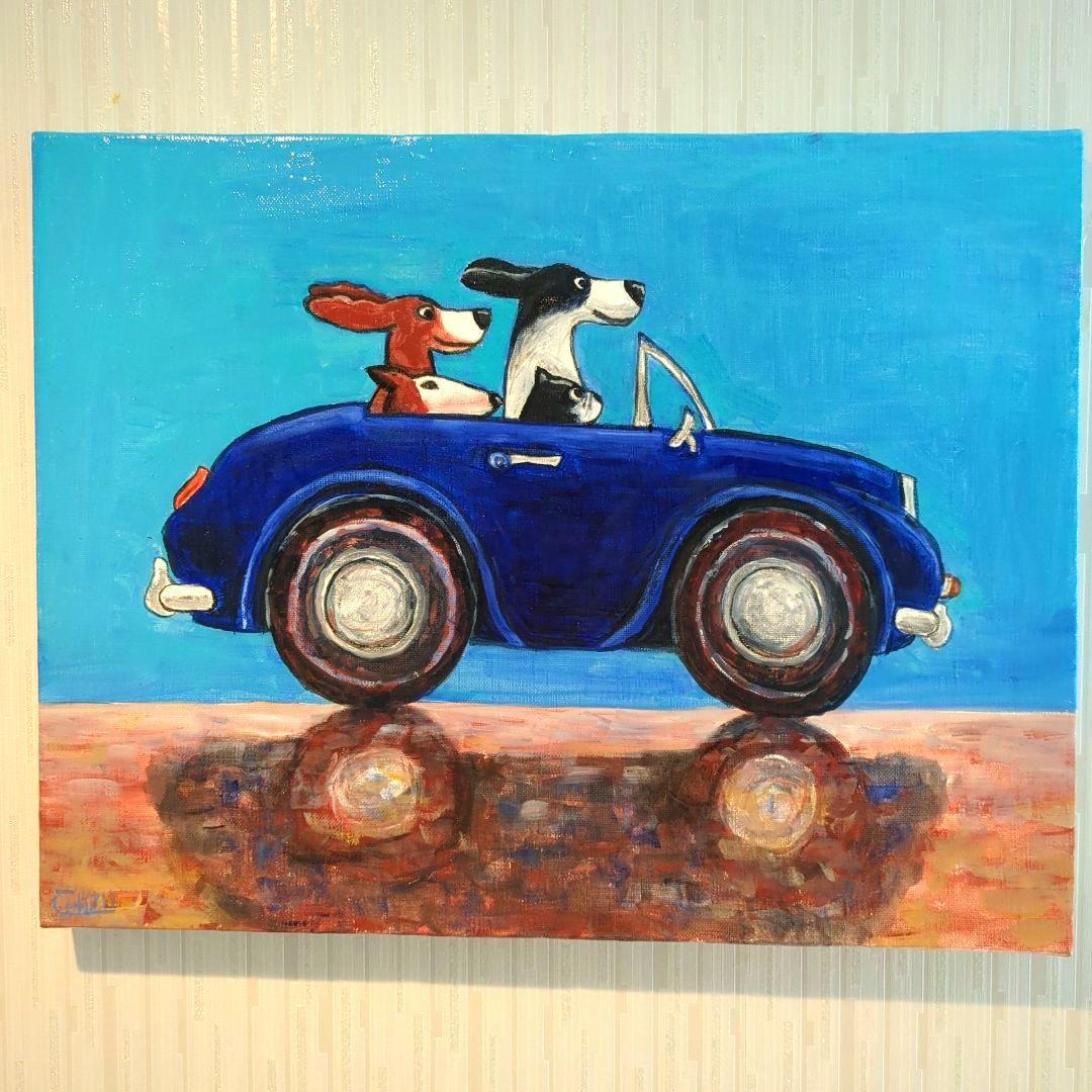 キャンバス油絵 1393様専用確認ドライブする犬たち