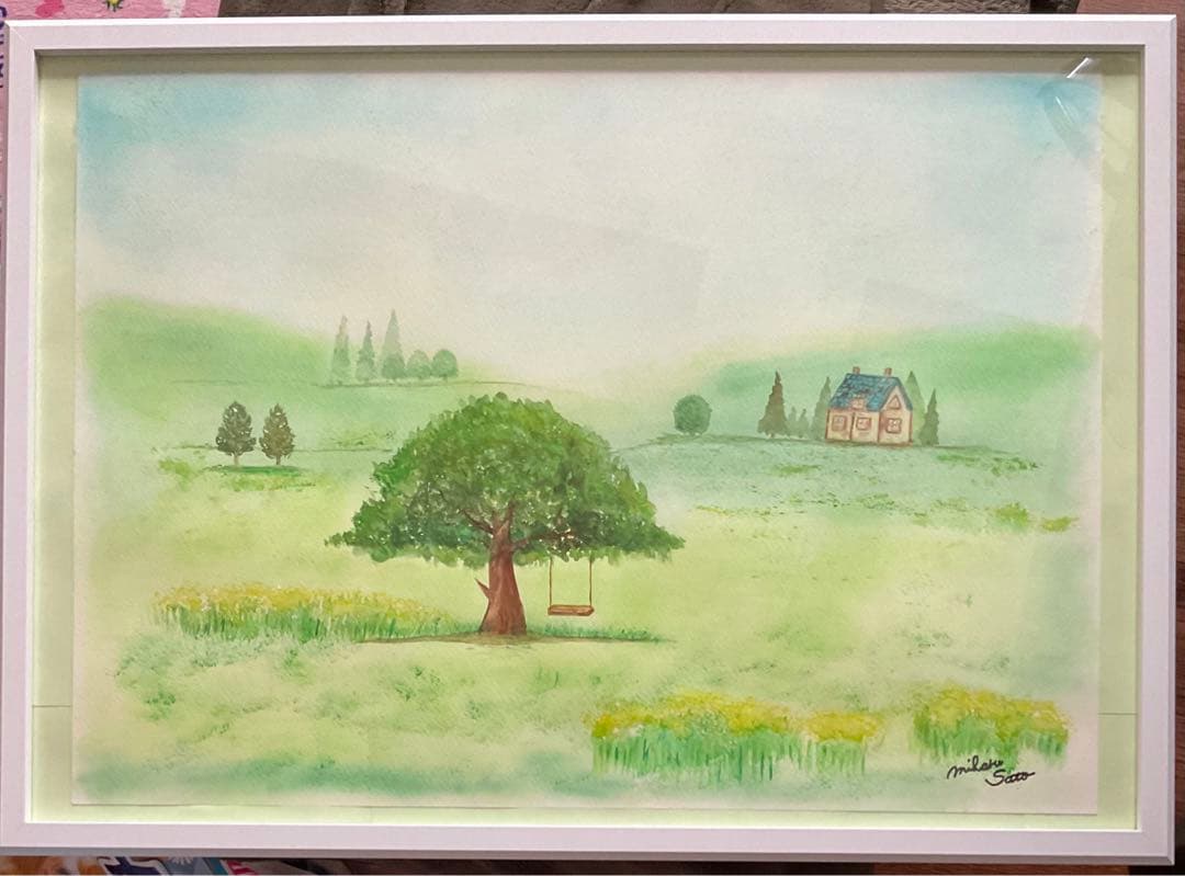 癒しの絵　ブランコ　水彩画パステル画