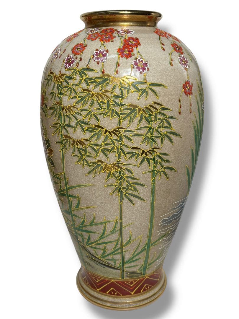 #薩摩焼 丸十字紋 色絵金彩 花鳥図 大壺 花瓶 木箱付き　S-12