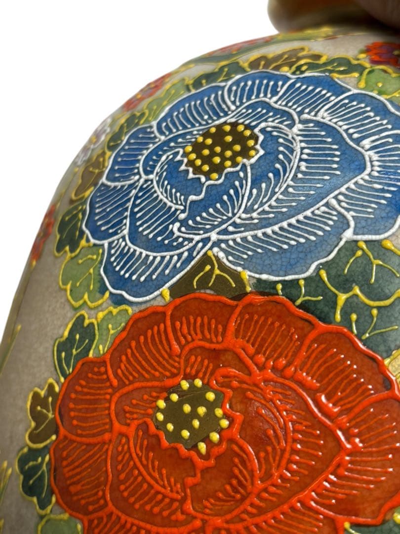 #薩摩焼 丸十字紋 色絵金彩 花鳥図 大壺 花瓶 木箱付き　S-12