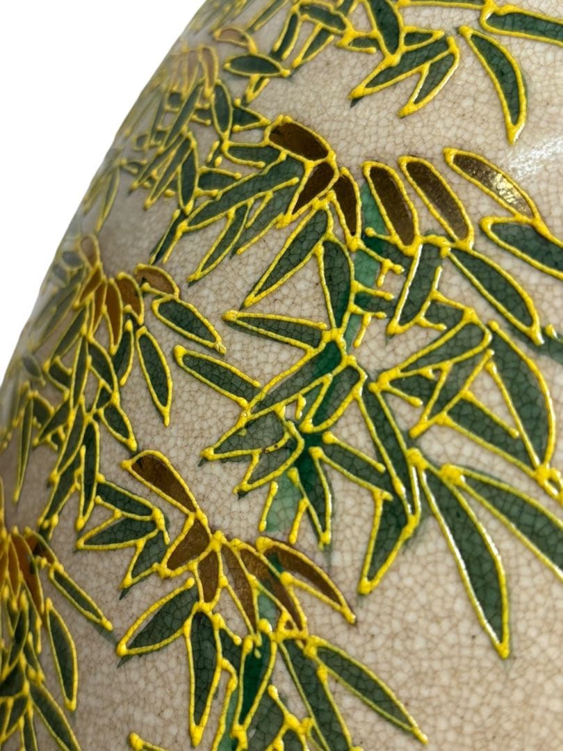 薩摩焼 丸十字紋 色絵金彩 花鳥図 大壺 花瓶 木箱付き S-12