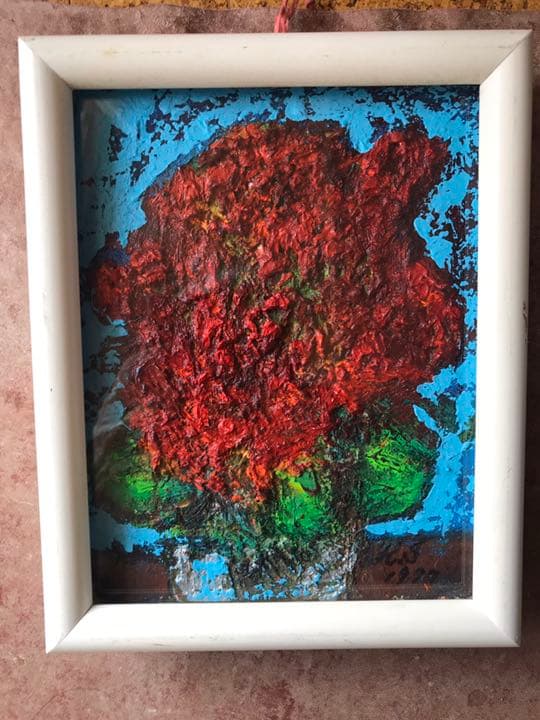 サムホールの花の油絵、モチーフはシクラメン、白額付き、前衛美術家の糸川裕志の作品 サムホールの花の油絵、モチーフはシクラメン、白額付き、前衛美術家の