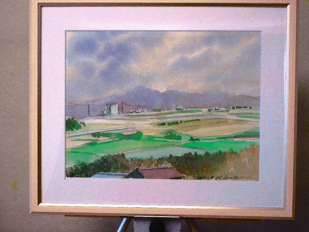 田園風景 水彩画 木製フレーム付き