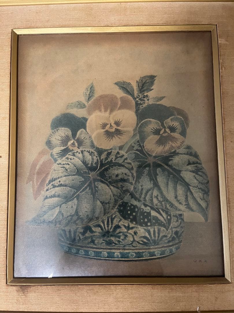 岡鹿之助 油彩画 花瓶のパンジー OKA 作 限定千部