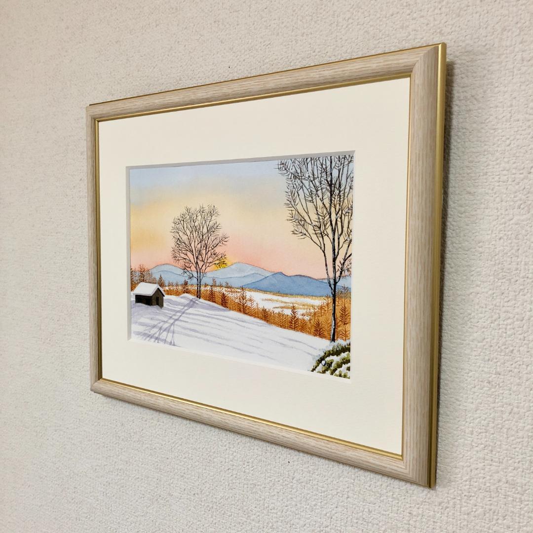 透明水彩画　原画　「雪景色・穏やかな朝」額縁付　SMサイズ　風景画