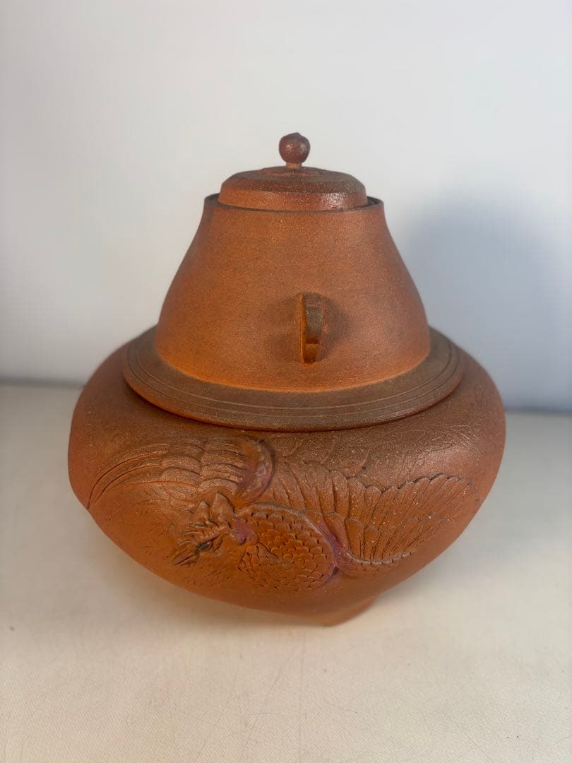 陶器製茶道具 鳳凰風炉 茶釜 敷板(皿)付き