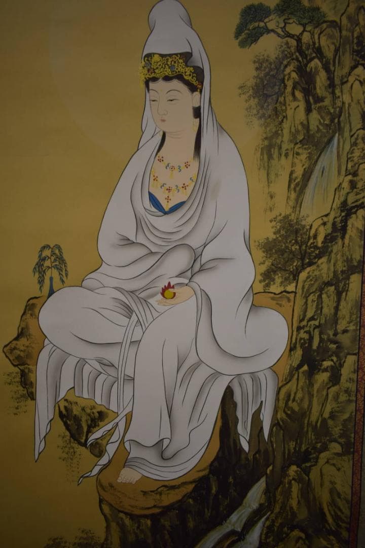 真作/水如/楊柳観音像図/岩上観音図/布袋屋掛軸HI-762