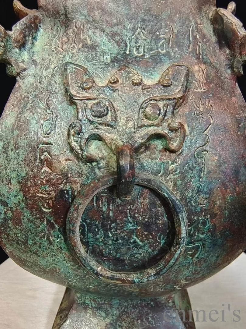 中国古美術【中山王方壺】青銅器 銘文 重器 礼器 酒具 純銅製 高浮彫 文房置物