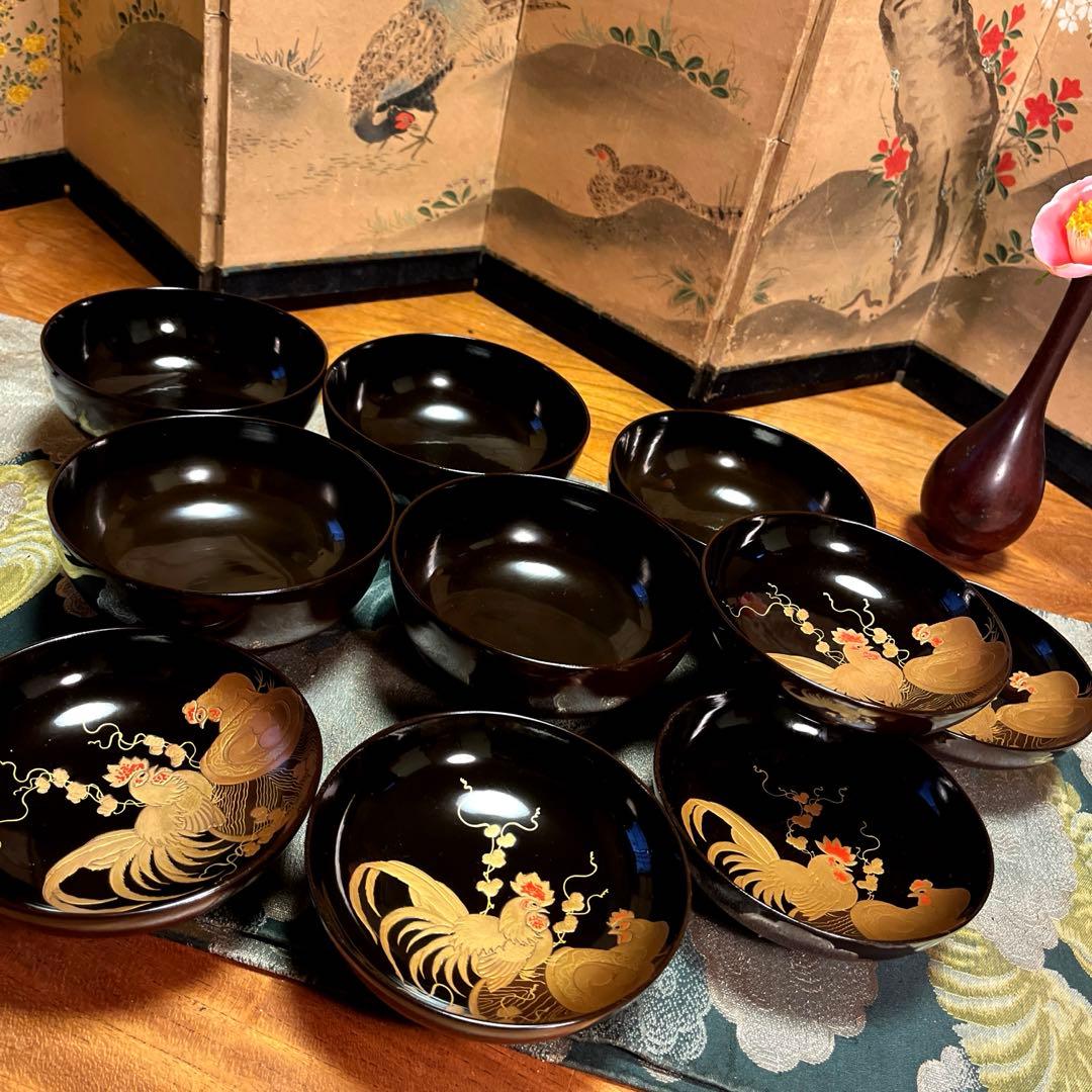 A914 木製輪島塗潤み色隠し絵蒔絵閑古鳥蒔絵鶏5客