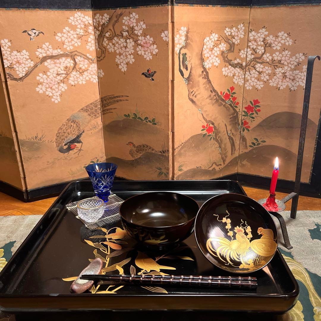 A914 木製輪島塗潤み色隠し絵蒔絵閑古鳥蒔絵鶏5客