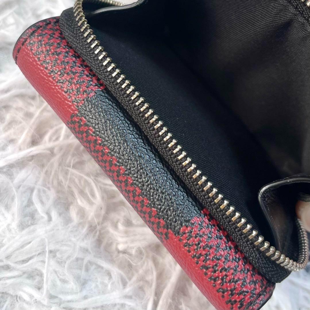 美品】COACH コーチ 格子柄 三つ折り財布 コンパクトウォレット 赤×黒