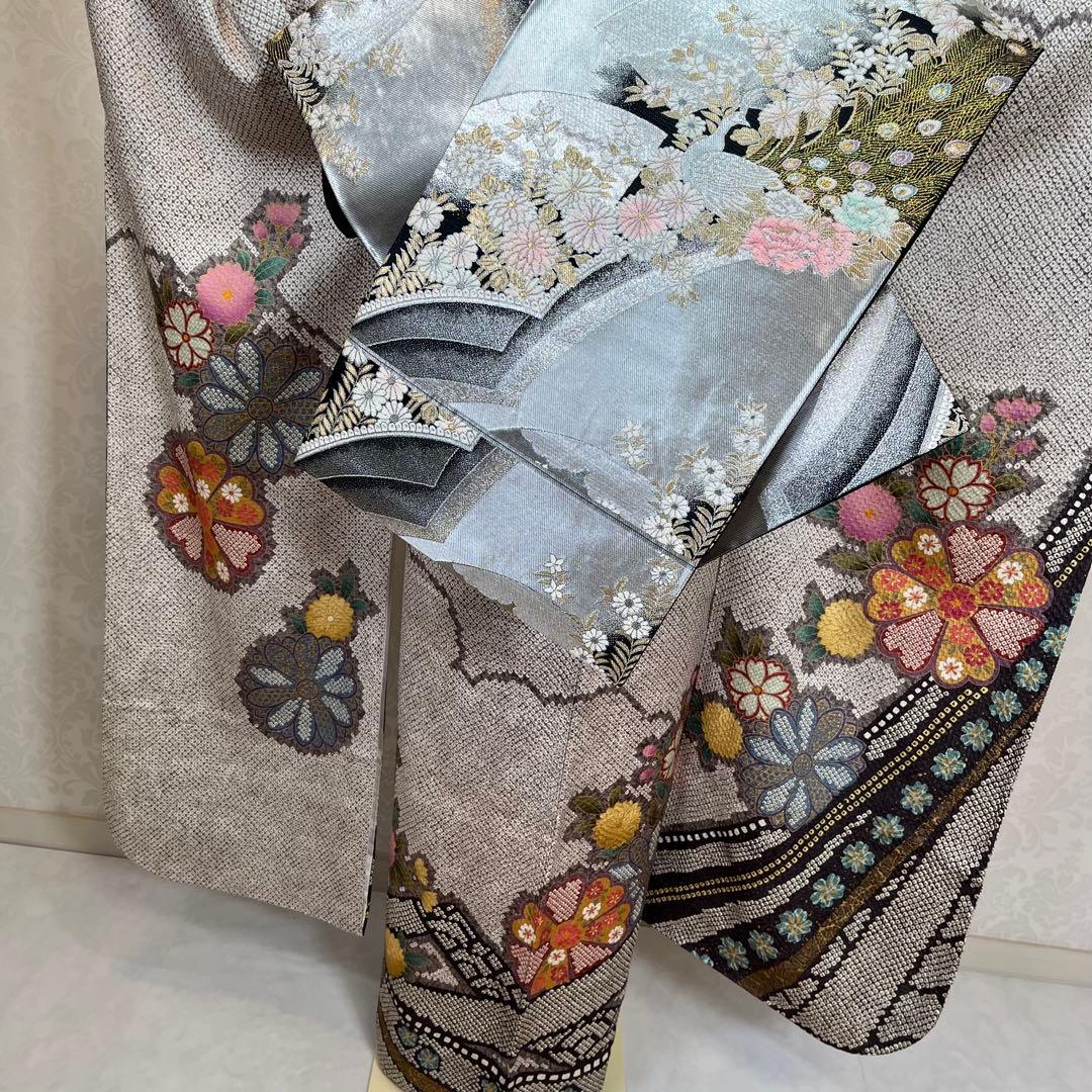 振袖 振り袖 成人式 フルセット 正絹 灰色 グレー 灰茶 絞り 菊 花柄