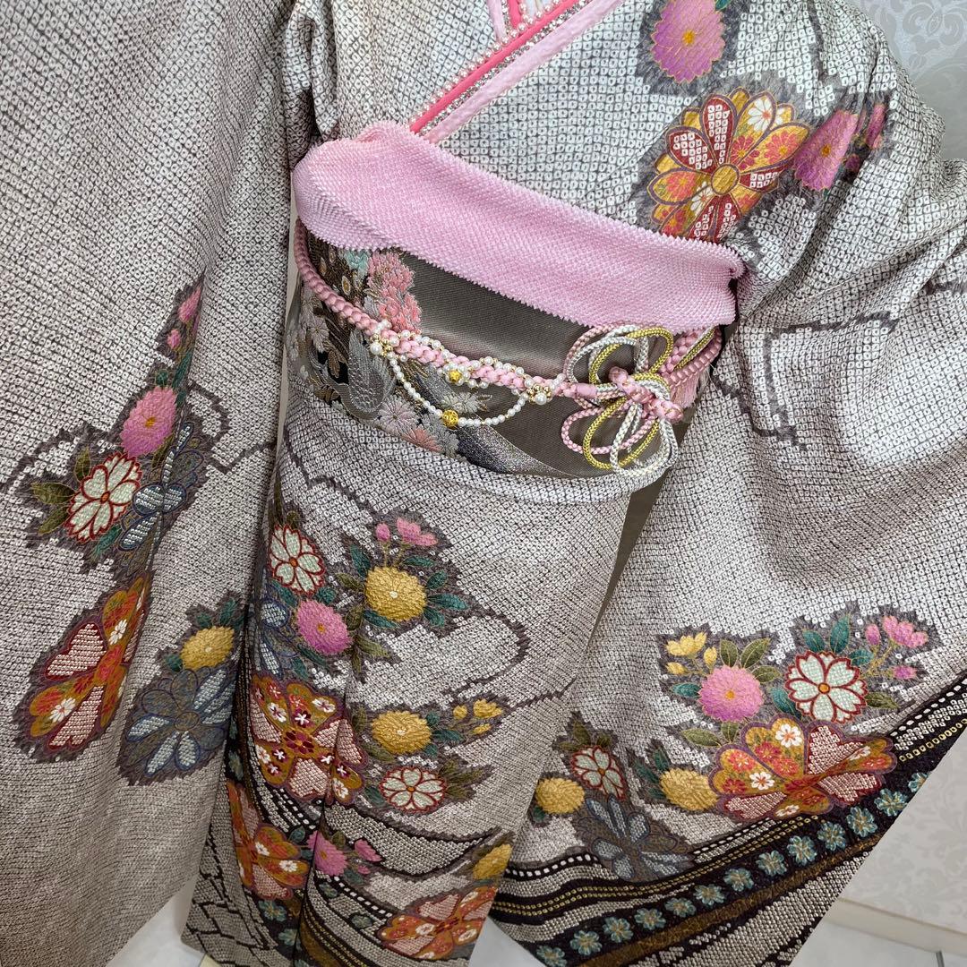 振袖 振り袖 成人式 フルセット 正絹 灰色 グレー 灰茶 絞り 菊 花柄
