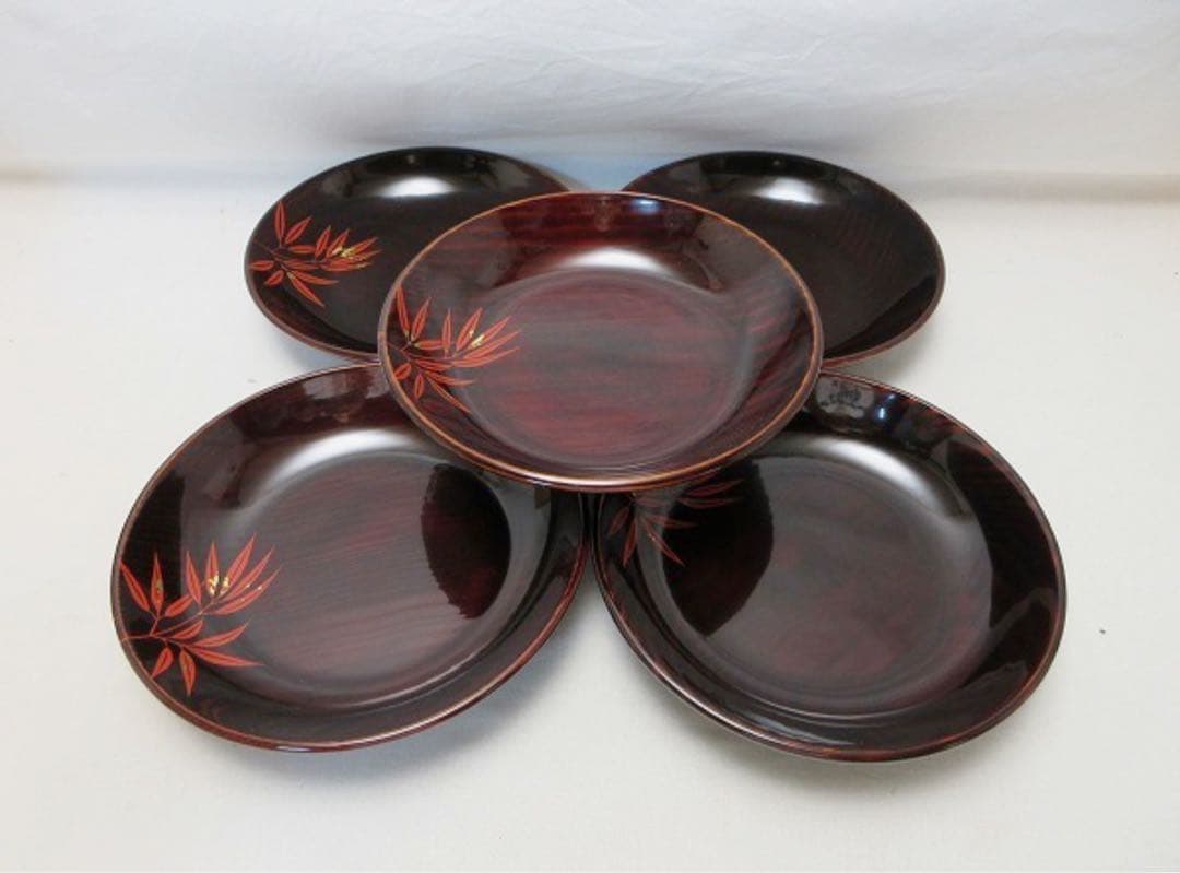 未使用 茶道具 服部俊夫造 松溜塗朱竹蒔絵 銘々皿 5客揃 底サイン 共箱