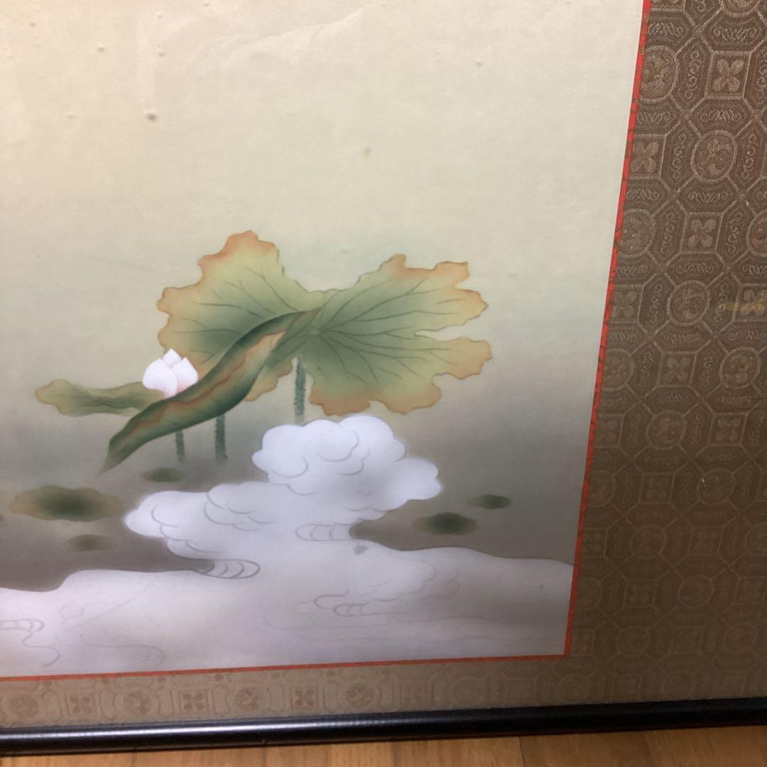 扁額　日本画　【　秀　園　筆　】　蓮の花図　木枠扁額仕立　47cmx123cm