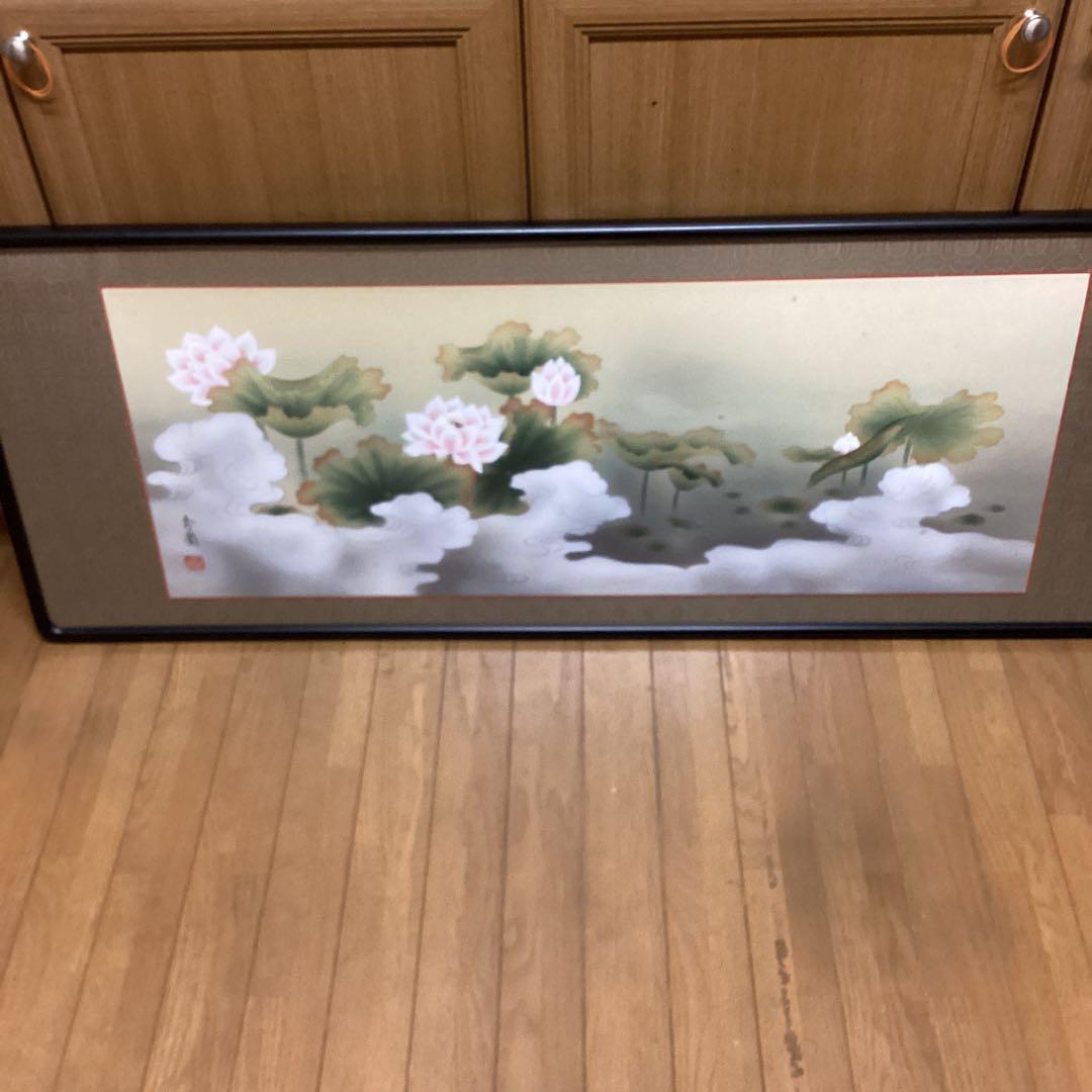 扁額　日本画　【　秀　園　筆　】　蓮の花図　木枠扁額仕立　47cmx123cm