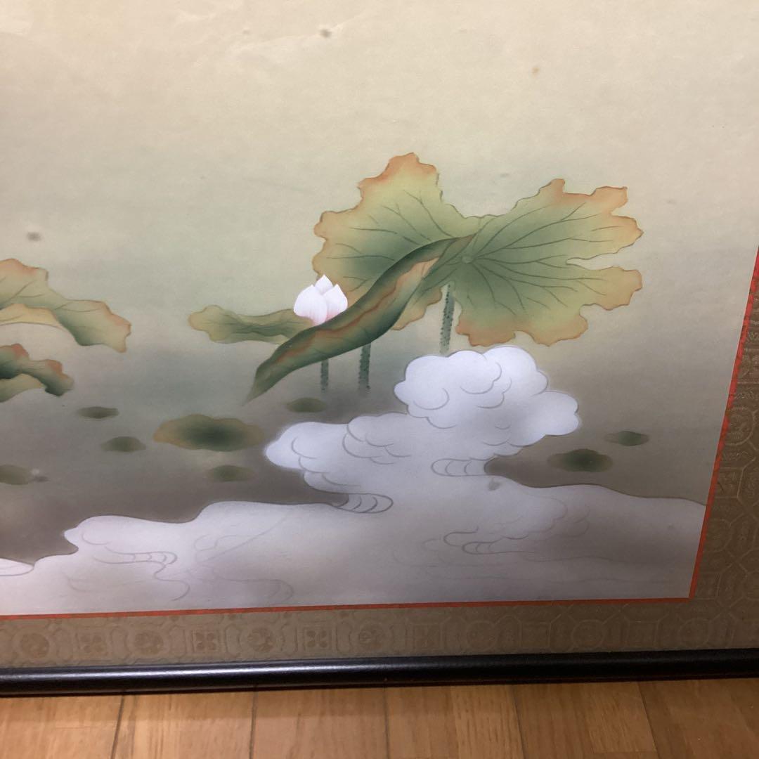扁額　日本画　【　秀　園　筆　】　蓮の花図　木枠扁額仕立　47cmx123cm
